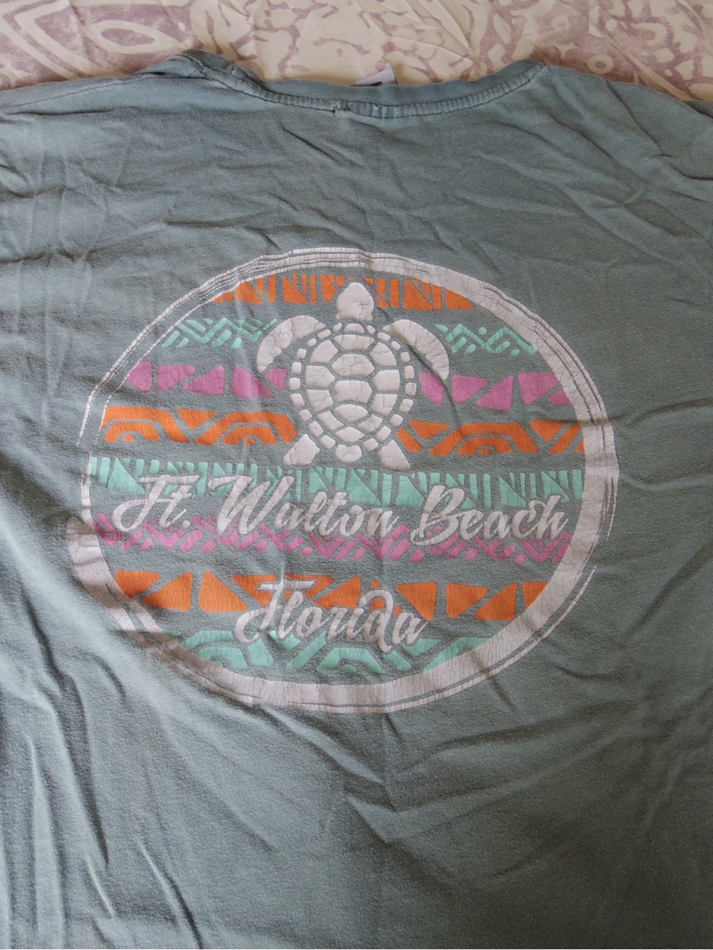 Ft. Walton Beach Turtle Graphic Tee - Seafoam with Coral & Mint